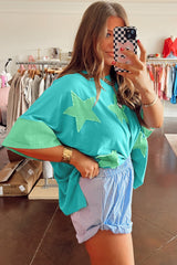 Aruba Blue Frayed Denim Star Patched Oversize T Shirt Pre Order Tops JT's Designer Fashion