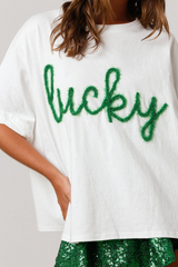 White Lucky Tinsel Graphic St Patrick Fashion Tee Graphic Tees JT's Designer Fashion
