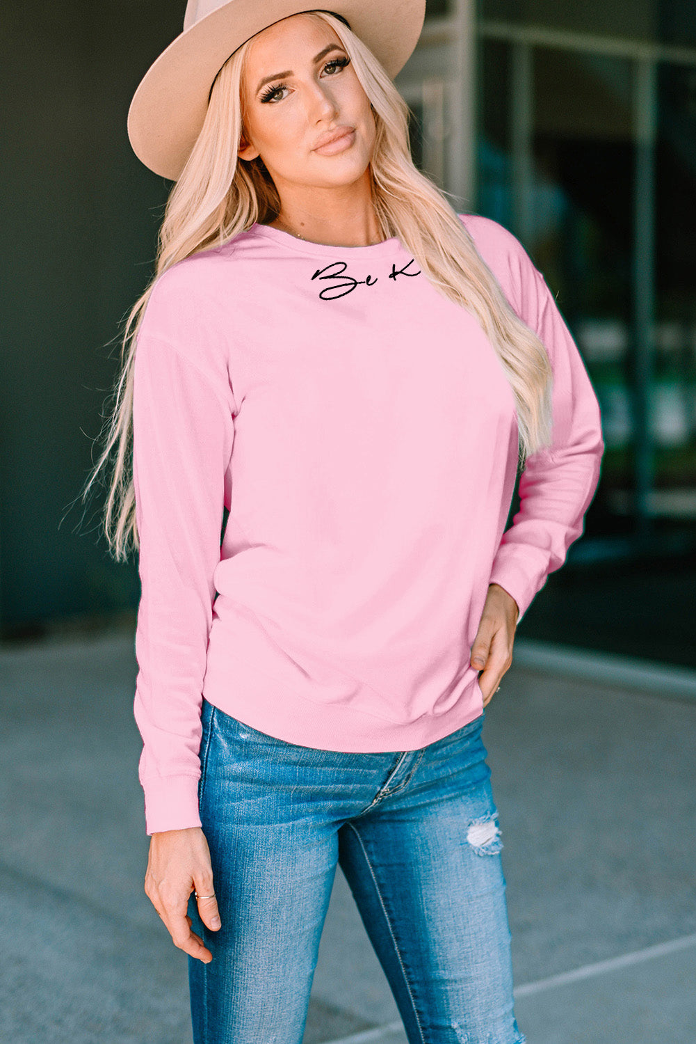 Pink Be Kind Letter Print Crew Neck Pullover Sweatshirt Graphic Sweatshirts JT's Designer Fashion