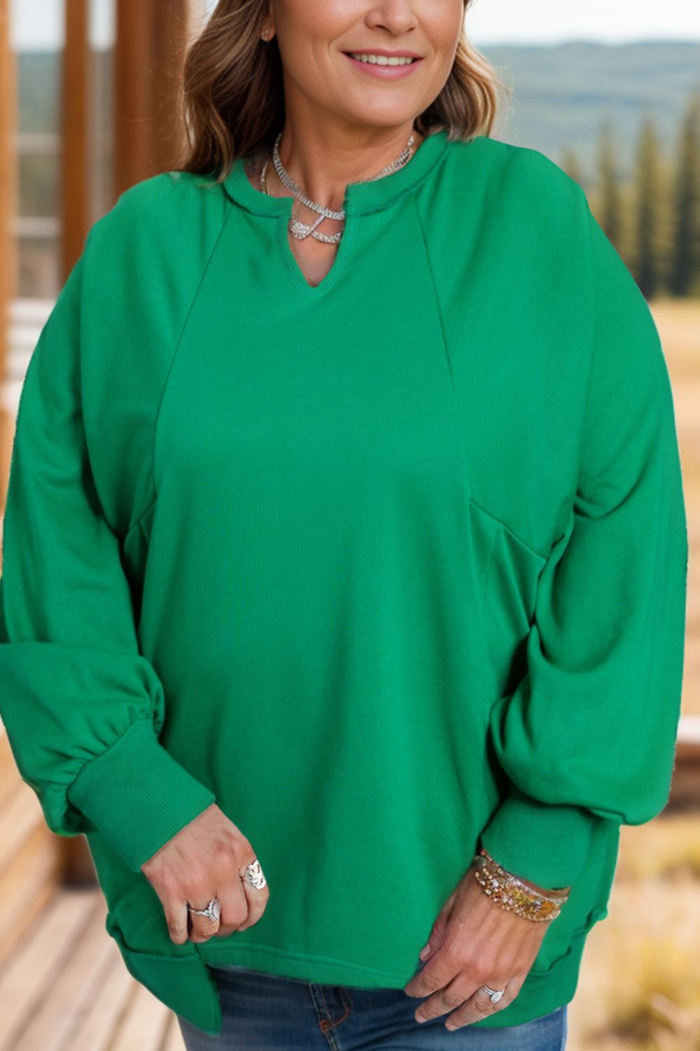 Plus Size Cutout Hem Notched Long Sleeve Sweatshirt Dark Green Sweatshirts & Hoodies JT's Designer Fashion