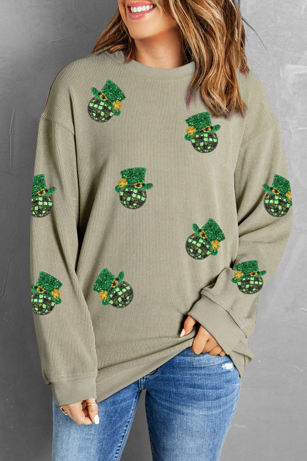 Green Sequin St Patrick Disco Ball Patch Corded Sweatshirt Graphic Sweatshirts JT's Designer Fashion