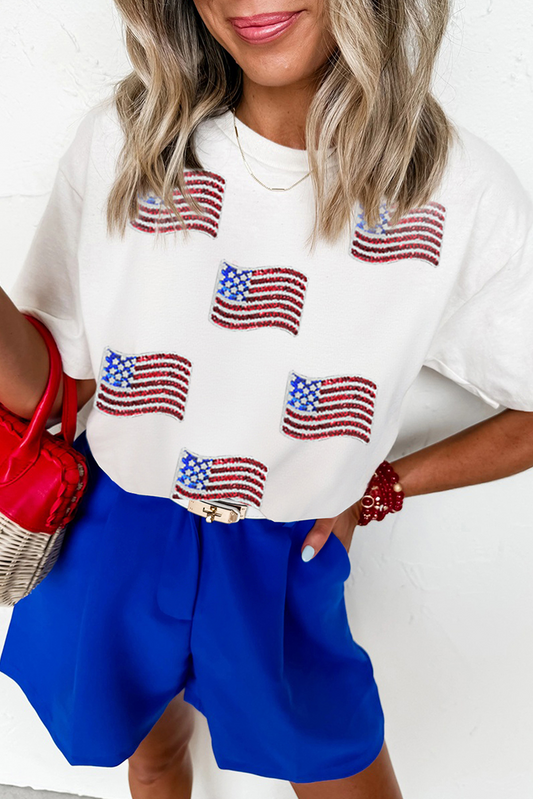 White Sequin American Flag Patched Casual T Shirt Graphic Tees JT's Designer Fashion