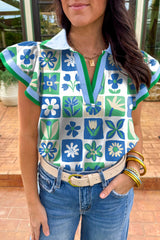 Green Floral Plaid Colorblock Trim Collar Flutter Sleeve Blouse Pre Order Tops JT's Designer Fashion