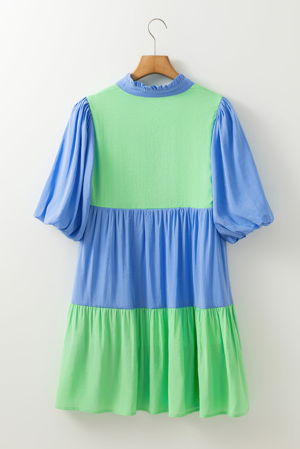 Dark Blue Colorblock Frilled V Neck Puff Half Sleeve Shift Dress Mini Dresses JT's Designer Fashion