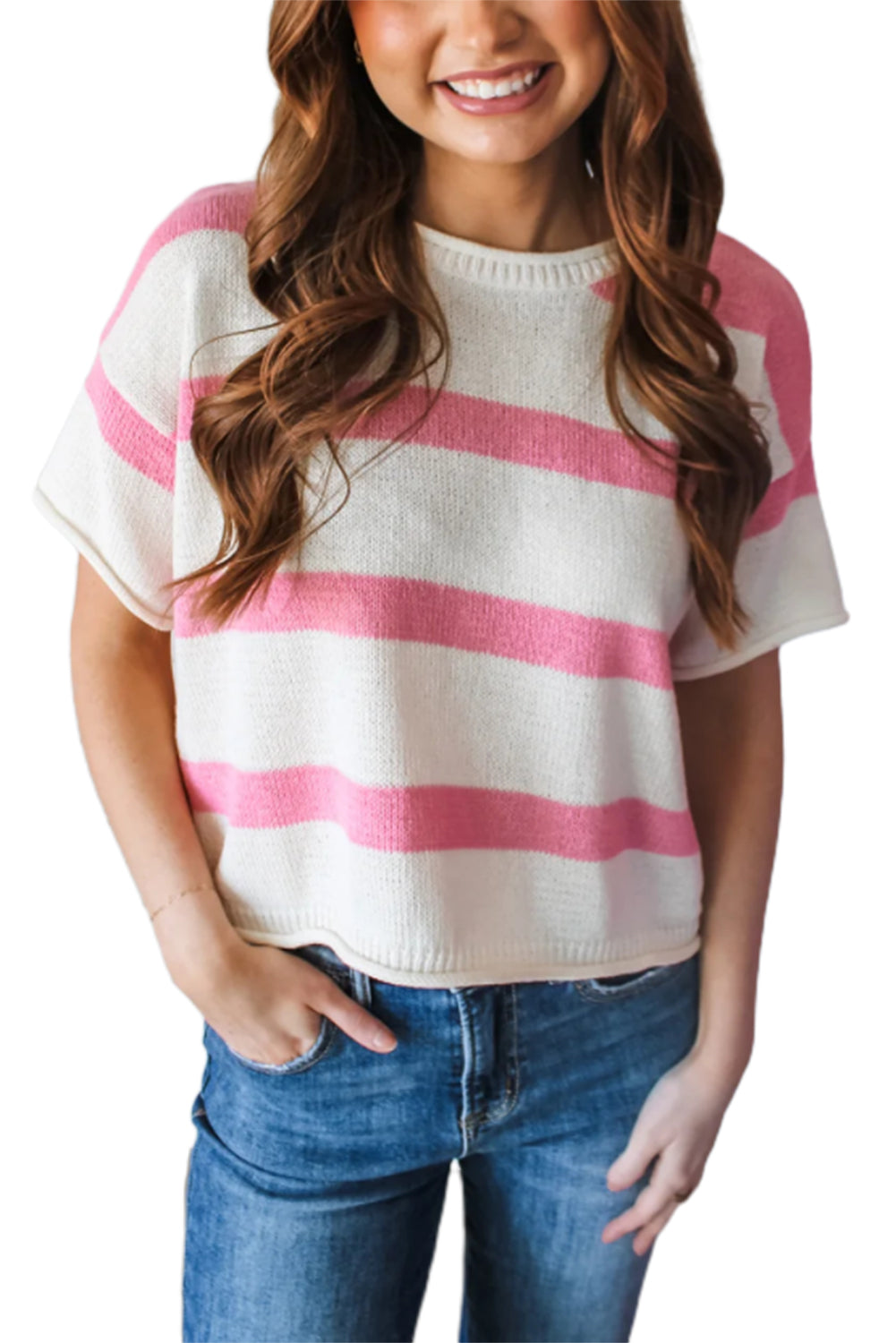 Pink Stripe Dropped Short Sleeve Lightweight Knitted Top Pre Order Sweaters & Cardigans JT's Designer Fashion