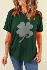Green Rhinestone Four Leaf Clover Graphic St Patrick Crewneck Tee Graphic Tees JT's Designer Fashion
