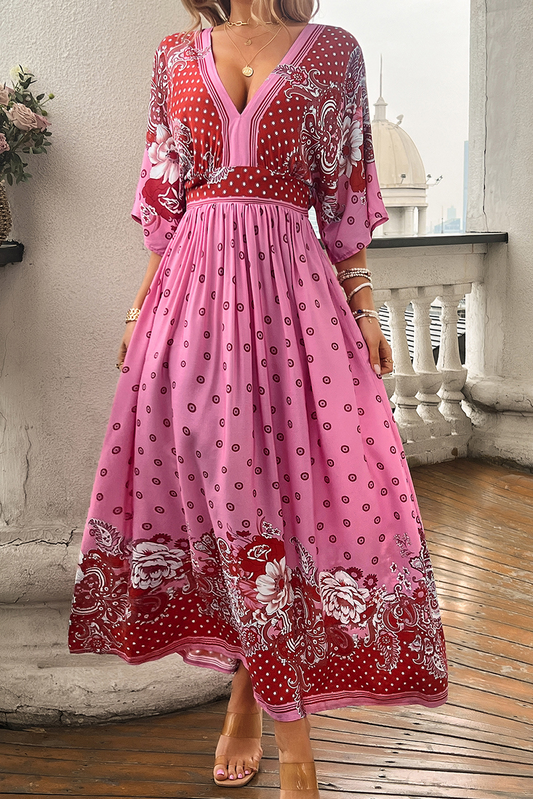 Pink Floral Print Knotted Open Back High Waist Maxi Dress Pink 100%Polyester Maxi Dresses JT's Designer Fashion