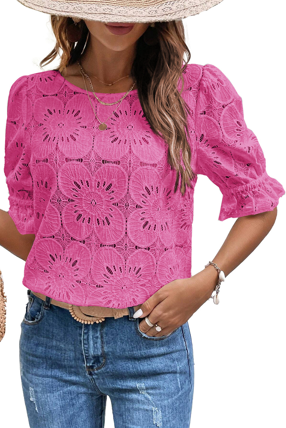 Bright Pink Flower Eyelet Jacquard Keyhole Flounce Sleeve Top Tops & Tees JT's Designer Fashion