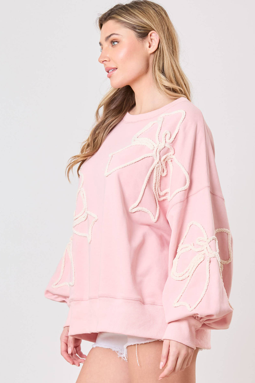 Light Pink Bow Thread Embroidery Ribbed Edge Sweatshirt Sweatshirts & Hoodies JT's Designer Fashion