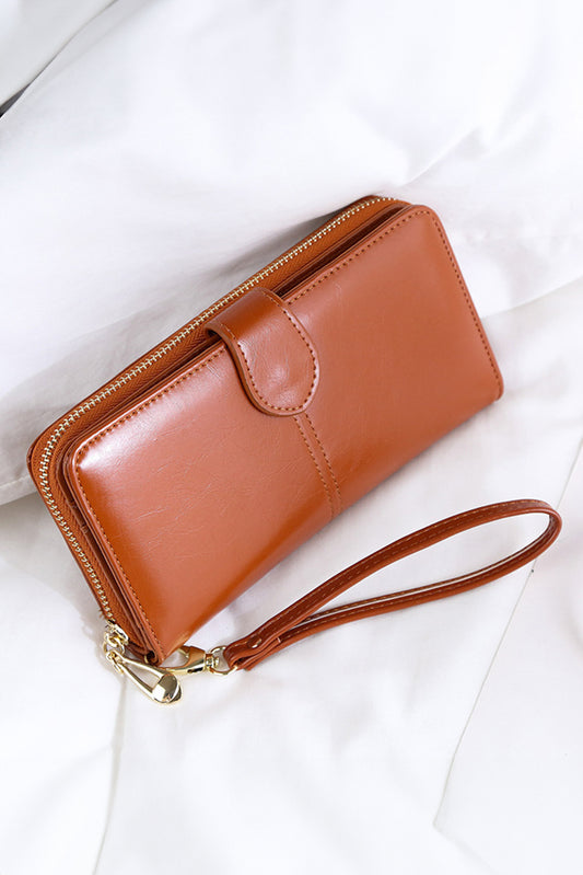 Cinnamon Faux Leather Zip Around Wrist Strap Long Wallet Handbags JT's Designer Fashion