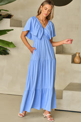 Sky Blue Textured V Neck Flutter Sleeve Ruffled Maxi Dress Maxi Dresses JT's Designer Fashion