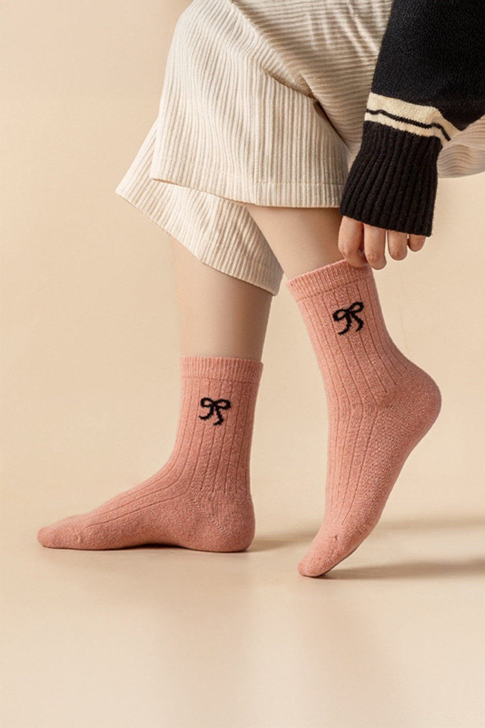 Gossamer Pink Bowknot Detail Ribbed Winter Stockings Socks JT's Designer Fashion