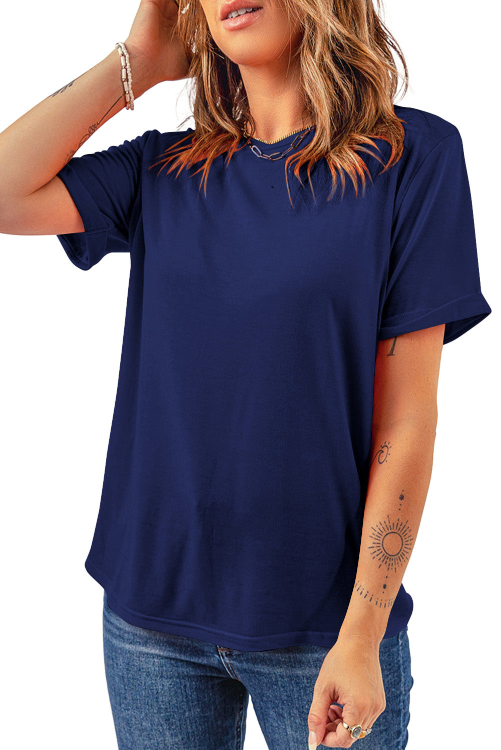 Blue Casual Plain Crew Neck Tee Tops & Tees JT's Designer Fashion