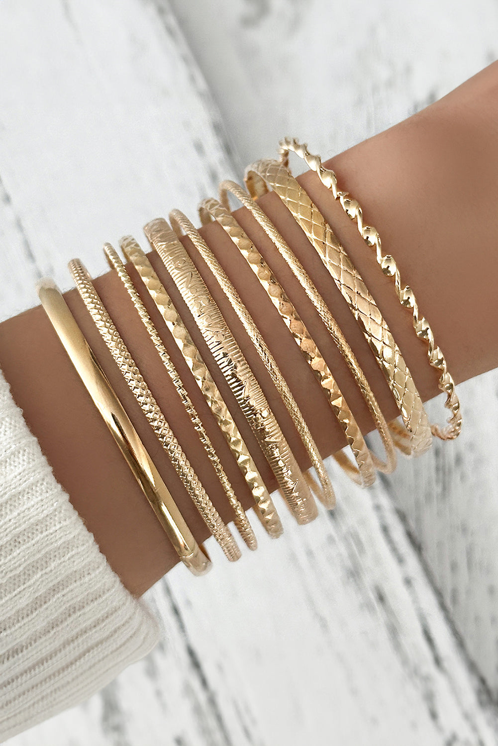 Gold 10pcs Textured Twisted Stackable Alloy Bracelet Set Jewelry JT's Designer Fashion