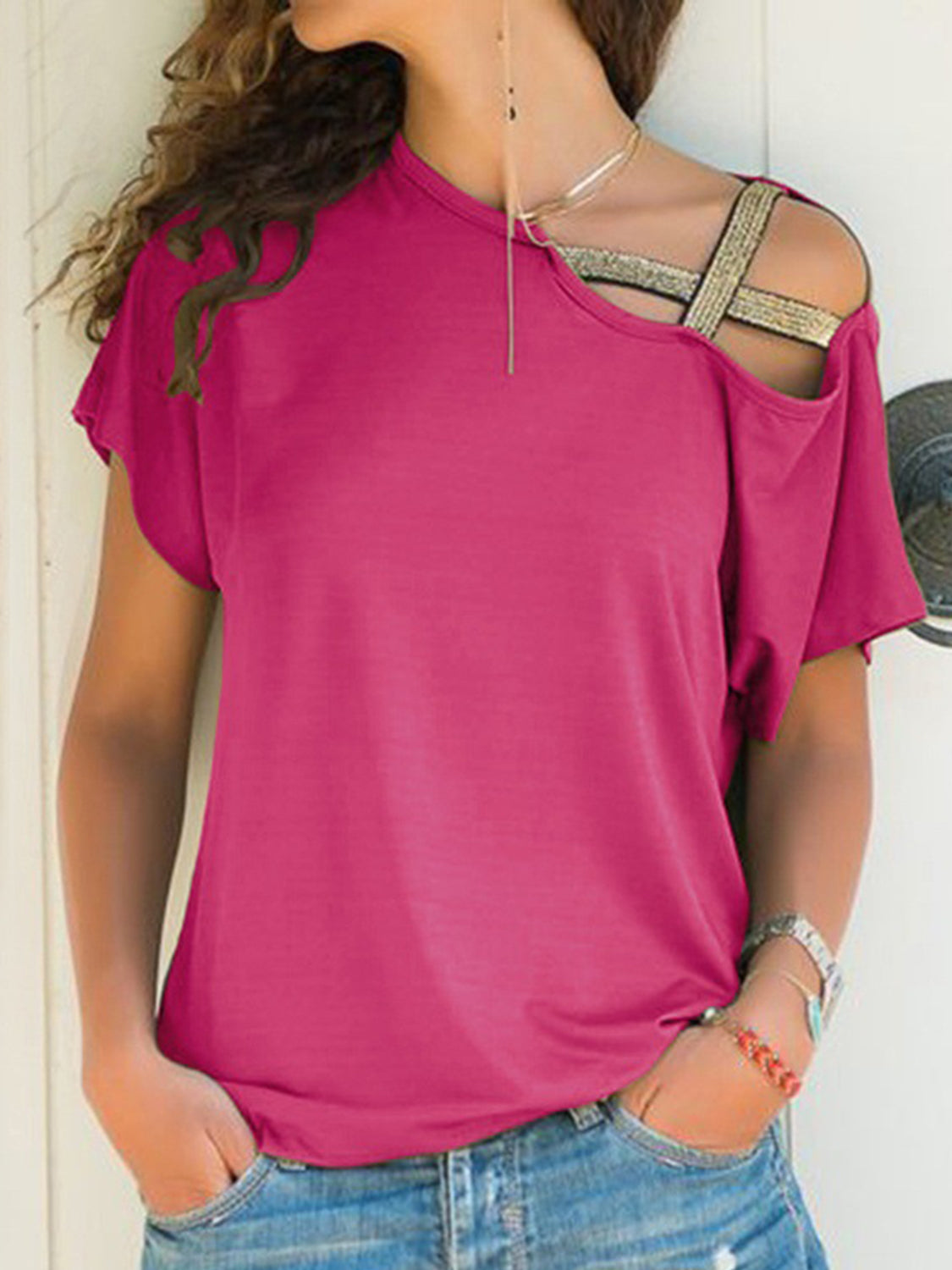 Asymmetrical Neck Short Sleeve T-Shirt Deep Rose Blouses & Shirts JT's Designer Fashion