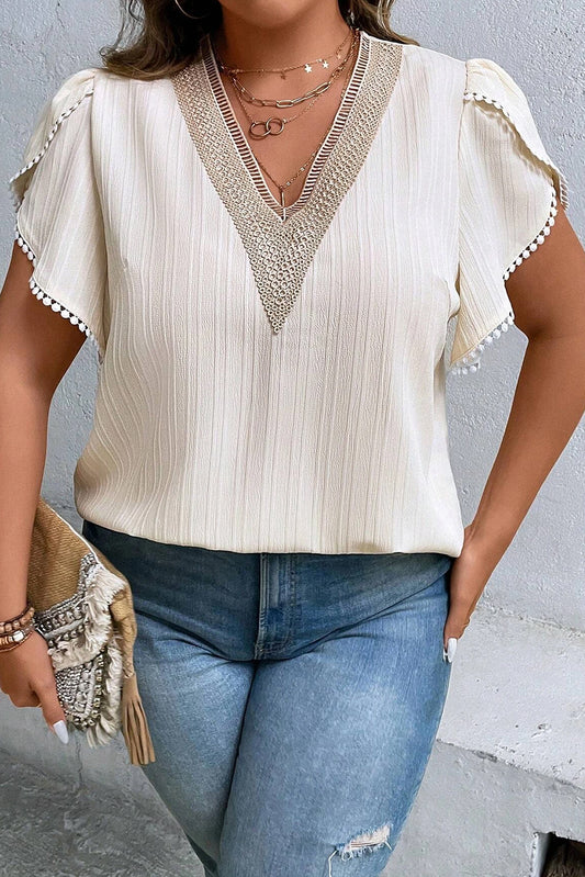 Beige Contrast Embroidered V Neck Wrap Sleeve Textured Plus Blouse Plus Size JT's Designer Fashion