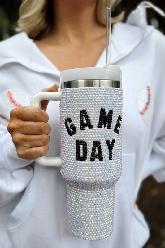 White GAME DAY Rhinestone Handle Large Tumbler 40oz Tumblers JT's Designer Fashion