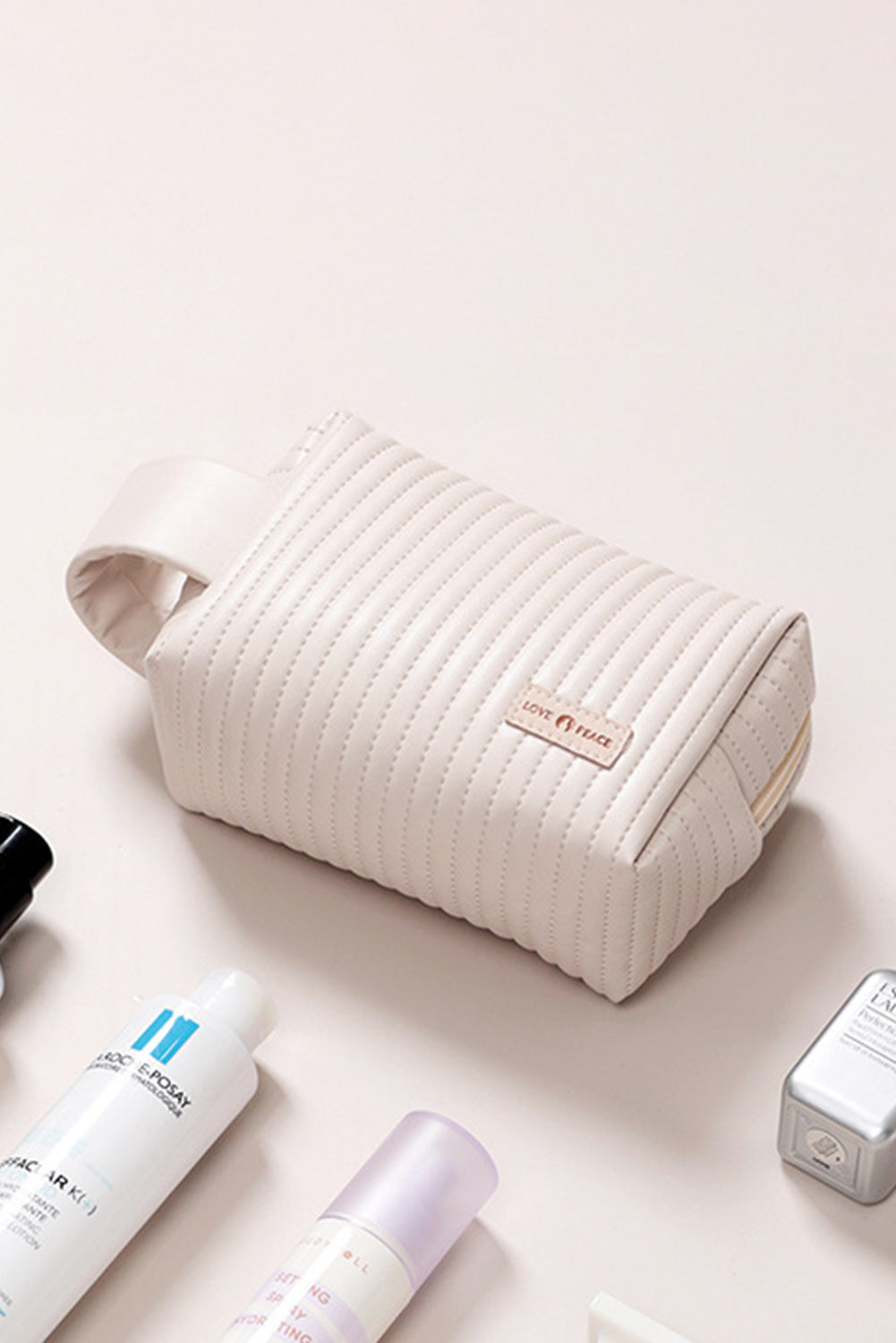 Beige Stitching PU Leather Round Zipped Side Handle Makeup Bag Makeup Bags JT's Designer Fashion