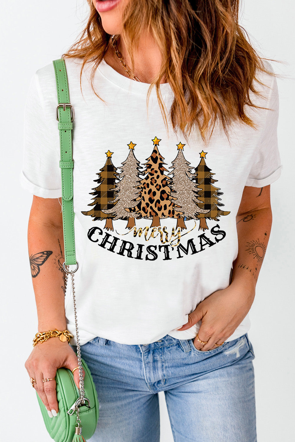 White Merry Christmas Plaid Leopard Trees Graphic T Shirt Graphic Tees JT's Designer Fashion