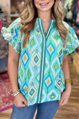 Green Geometric Print Ruffled Sleeve Notch V Neck Blouse Pre Order Tops JT's Designer Fashion