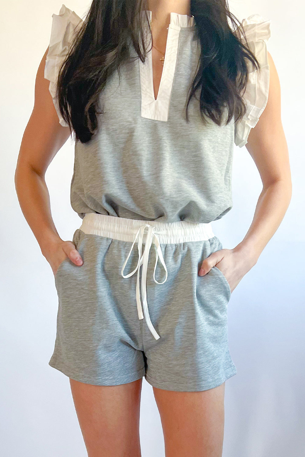 Gray Color Block Ruffled Top and Drawstring Shorts Set Bottoms JT's Designer Fashion