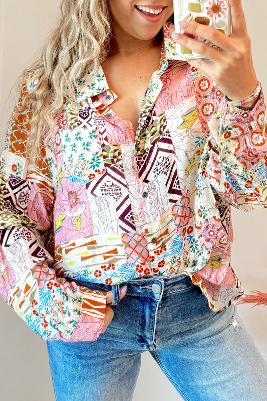 Pink Abstract Colorful Printed Button Down Shirt Blouses & Shirts JT's Designer Fashion