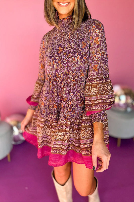 Purple Floral Smocked Puff Sleeve High Neck Mini Dress Floral Dresses JT's Designer Fashion