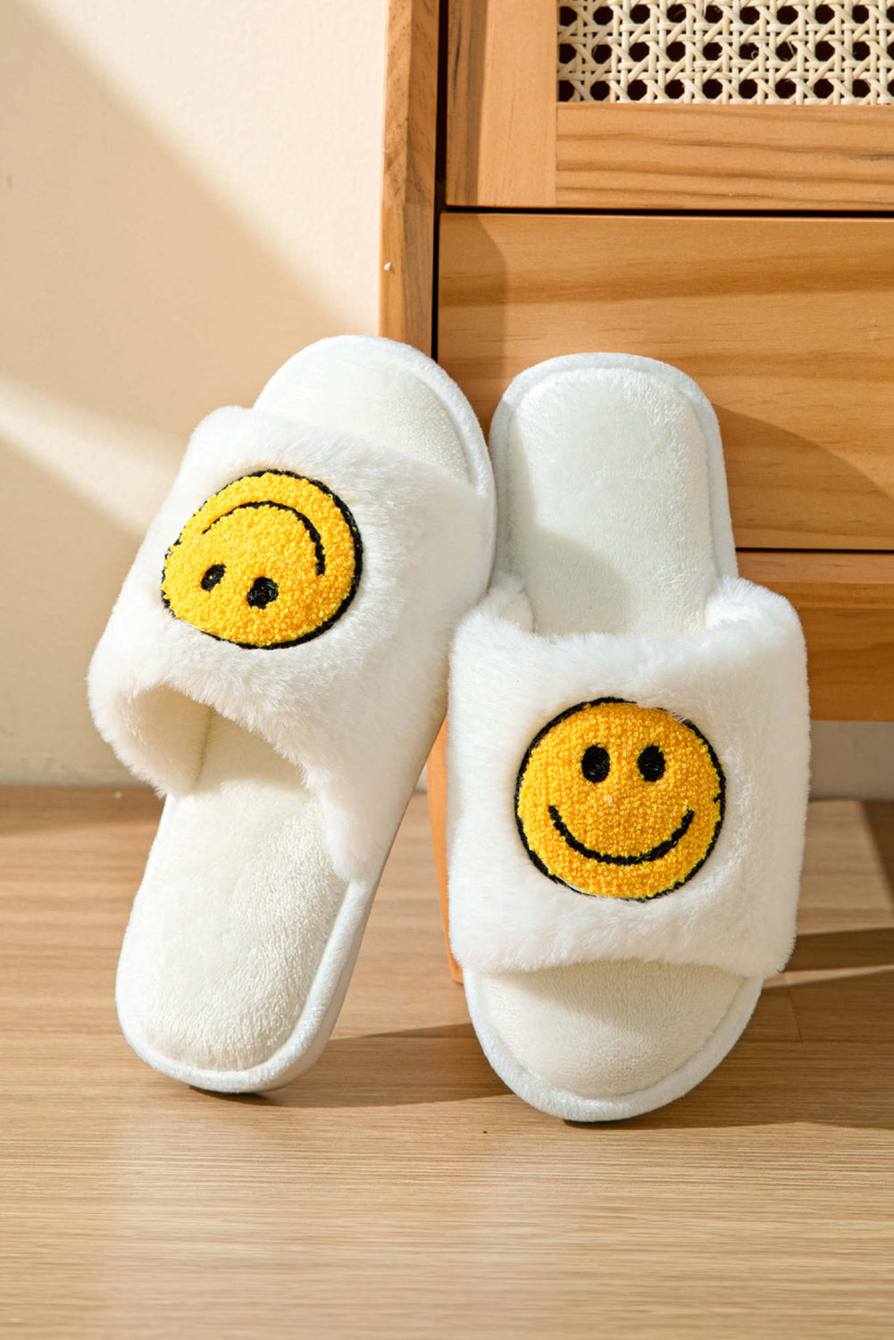 White Smile Emoji Graphic Plush Home Slippers Slippers JT's Designer Fashion