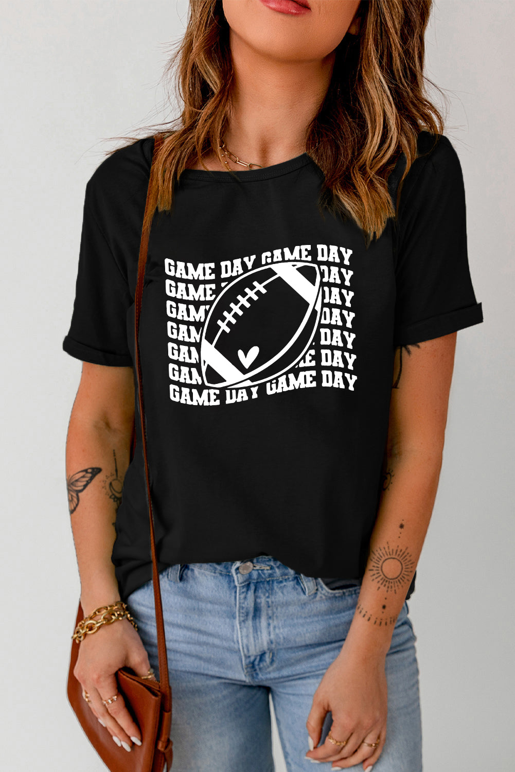 Black GAME DAY Rugby Graphic Print Short Sleeve T Shirt Graphic Tees JT's Designer Fashion