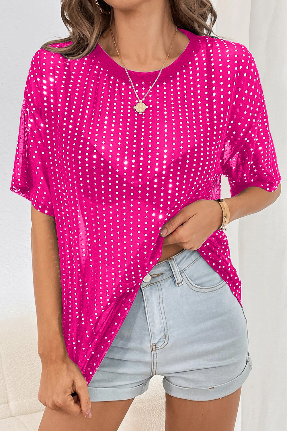 Bright Pink Sequin Drop Shoulder Sheer T-shirt Tops & Tees JT's Designer Fashion