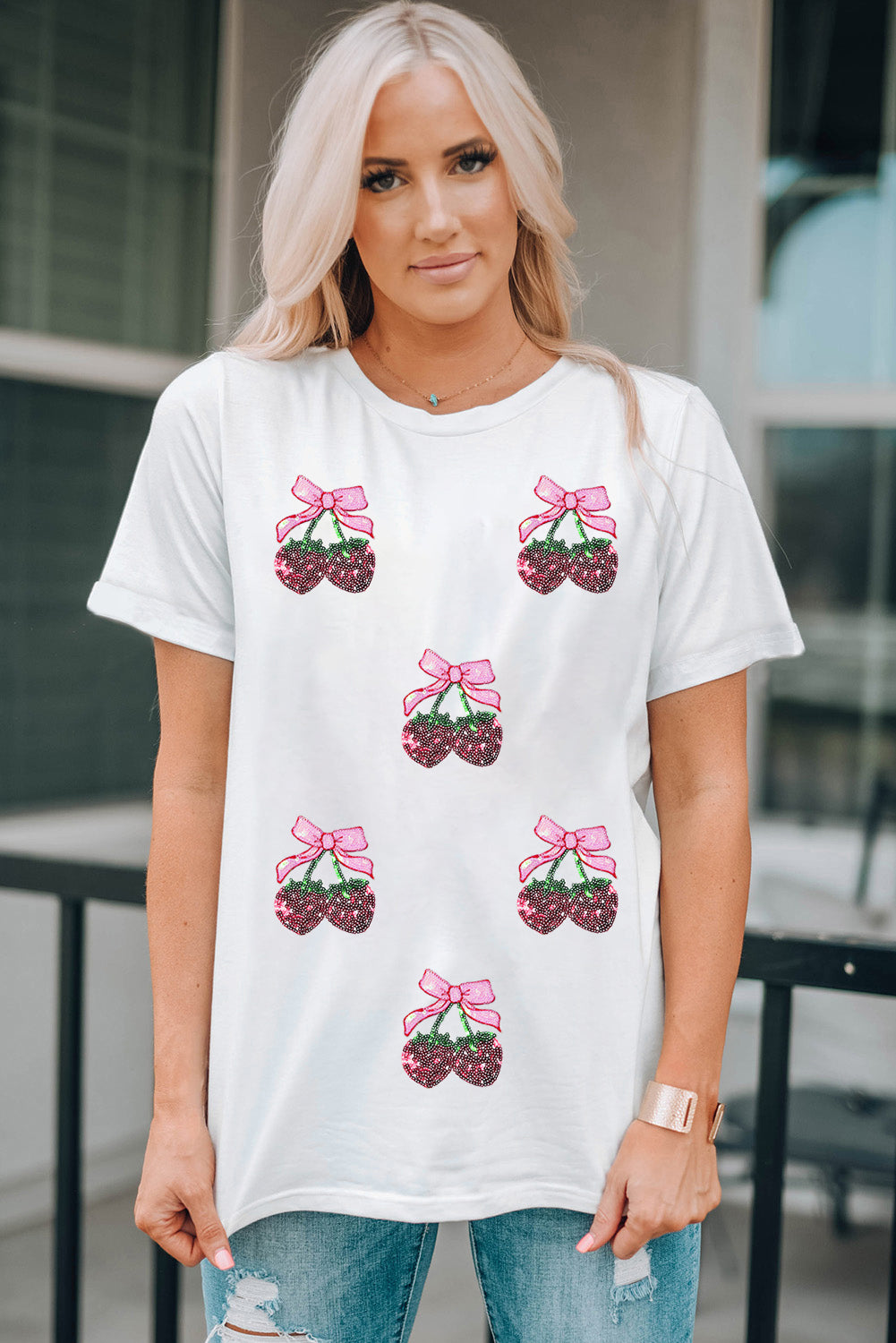 White Sequin Bow Strawberry Graphic Crew Neck T Shirt Graphic Tees JT's Designer Fashion