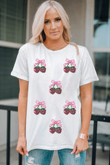 White Sequin Bow Strawberry Graphic Crew Neck T Shirt Graphic Tees JT's Designer Fashion