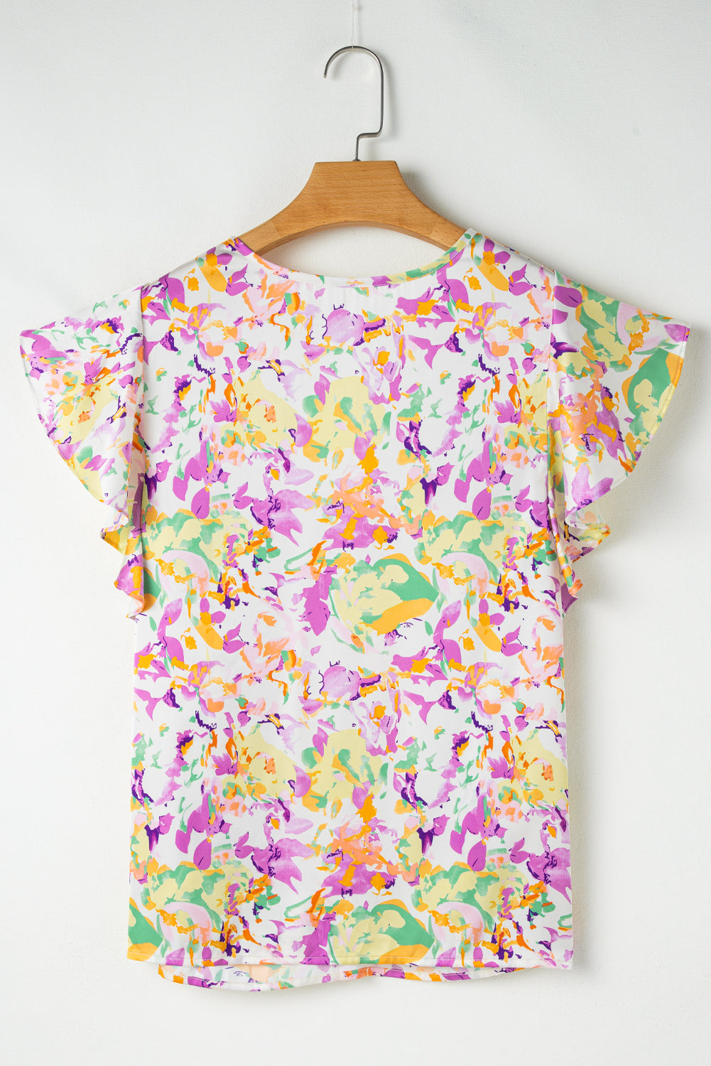 Purple Abstract Printed Ruffled Short Sleeve Notched Neck Blouse Blouses & Shirts JT's Designer Fashion
