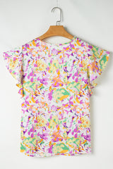 Purple Abstract Printed Ruffled Short Sleeve Notched Neck Blouse Blouses & Shirts JT's Designer Fashion