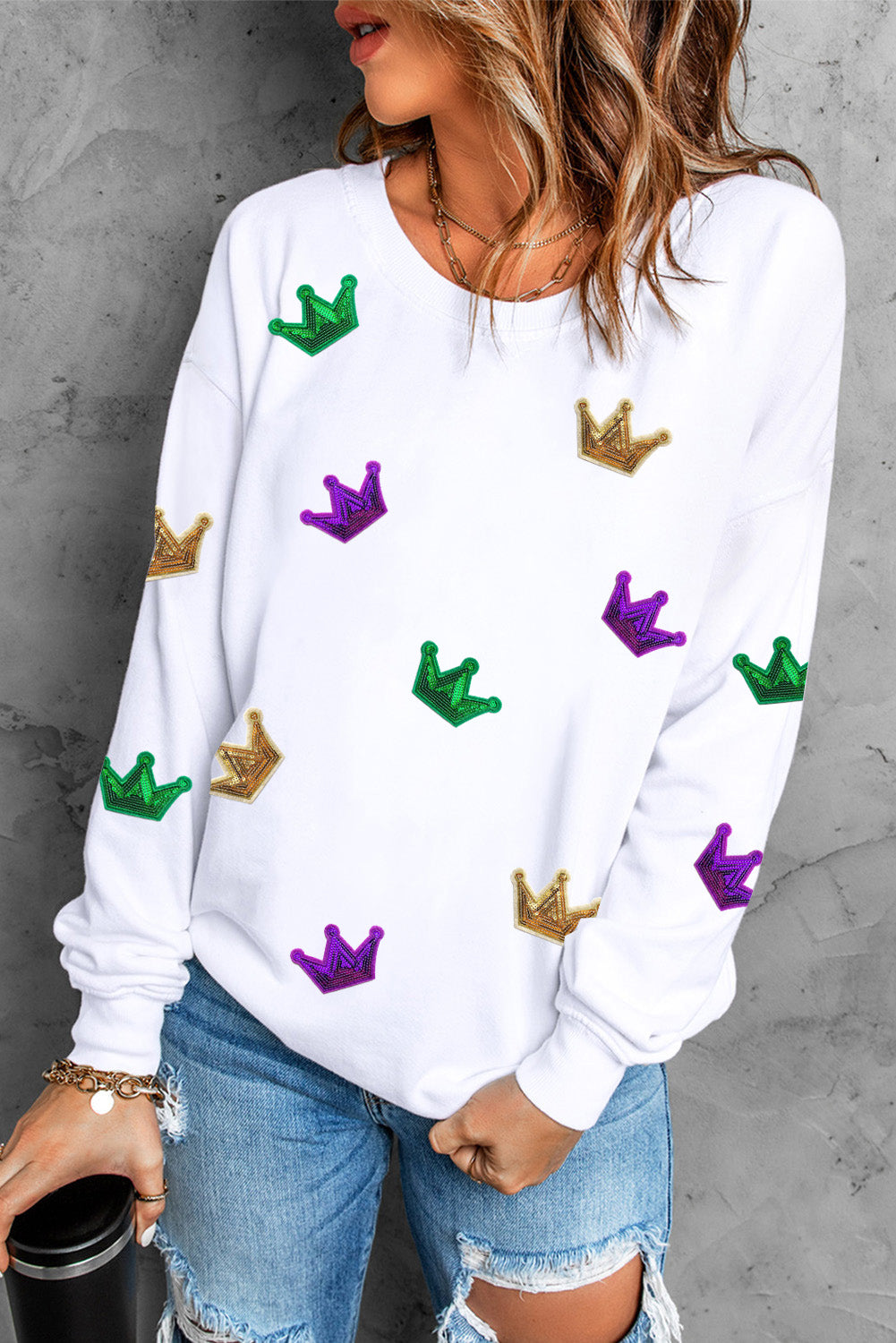 White Mardi Gras Crown Sequined Patch Crew Neck Sweatshirt White 70%Polyester+30%Cotton Graphic Sweatshirts JT's Designer Fashion