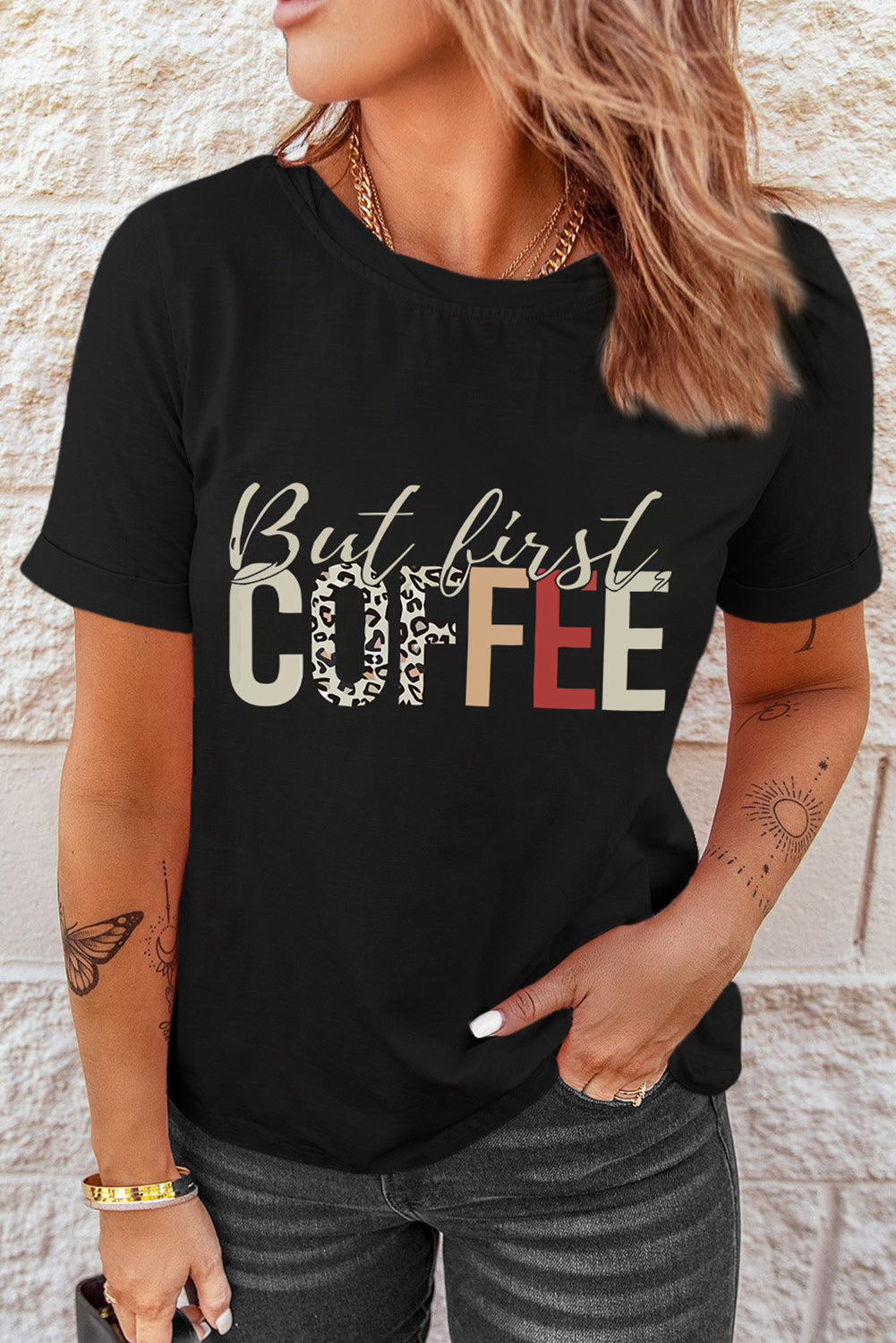 Black But First Coffee Leopard Print Crew Neck T Shirt Graphic Tees JT's Designer Fashion