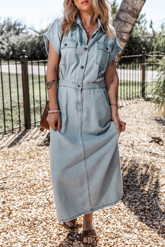 Beau Blue Short Batwing Sleeve Slit Back Denim Dress Beau Blue 82%Cotton+10%Polyester+8%Viscose Maxi Dresses JT's Designer Fashion