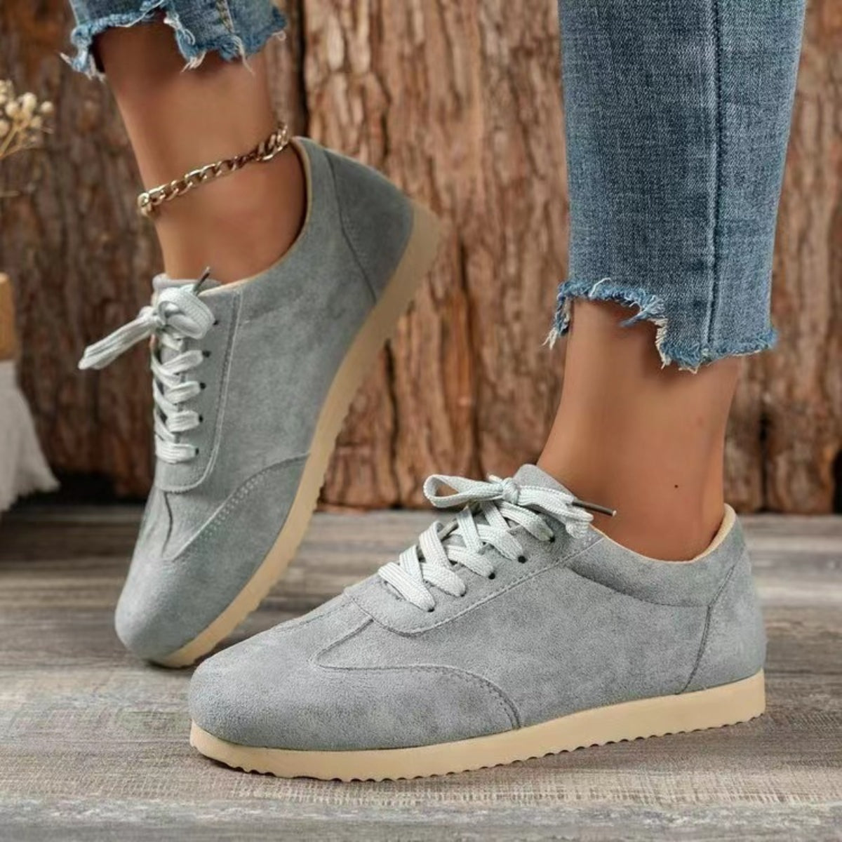 Suede Lace-Up Flat Sneakers Gray Shoes JT's Designer Fashion