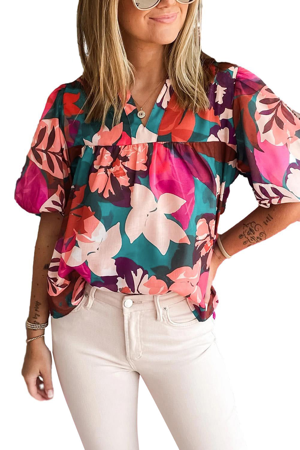 Rose Red Floral Print Puff Sleeve Notched V Neck Blouse Blouses & Shirts JT's Designer Fashion