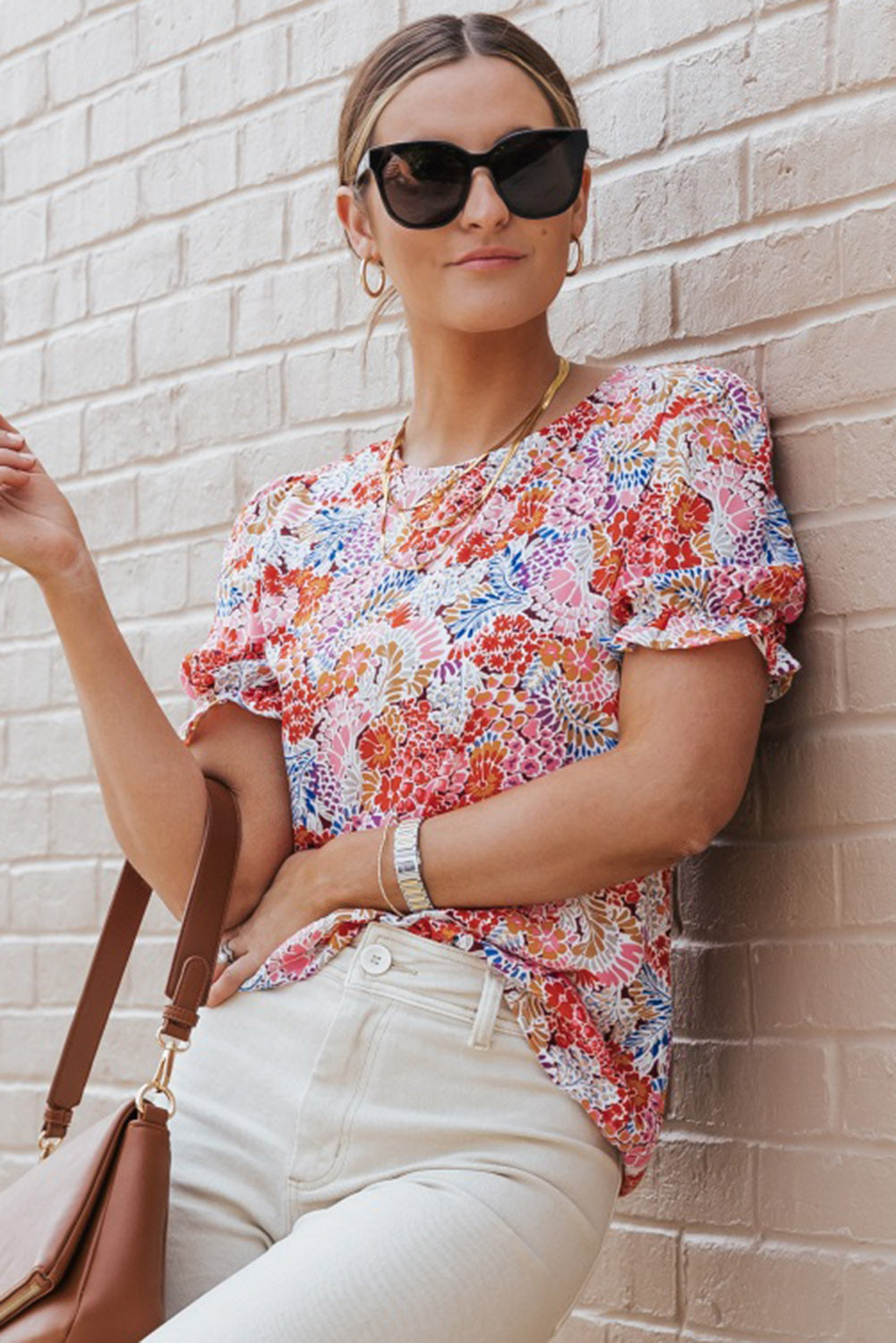 Multicolor Mix Floral Pattern Bubble Sleeve Blouse Blouses & Shirts JT's Designer Fashion