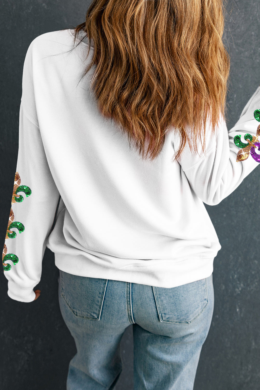 Beige Sequin Mardi Gras Patched Pattern Fleur de Lis Sleeve Sweatshirt Graphic Sweatshirts JT's Designer Fashion