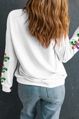 Beige Sequin Mardi Gras Patched Pattern Fleur de Lis Sleeve Sweatshirt Graphic Sweatshirts JT's Designer Fashion