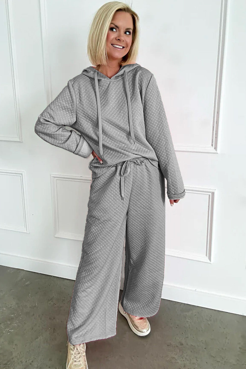 Gray Solid Color Drawstring Hoodie and Wide Leg Pants Set Pant Sets JT's Designer Fashion