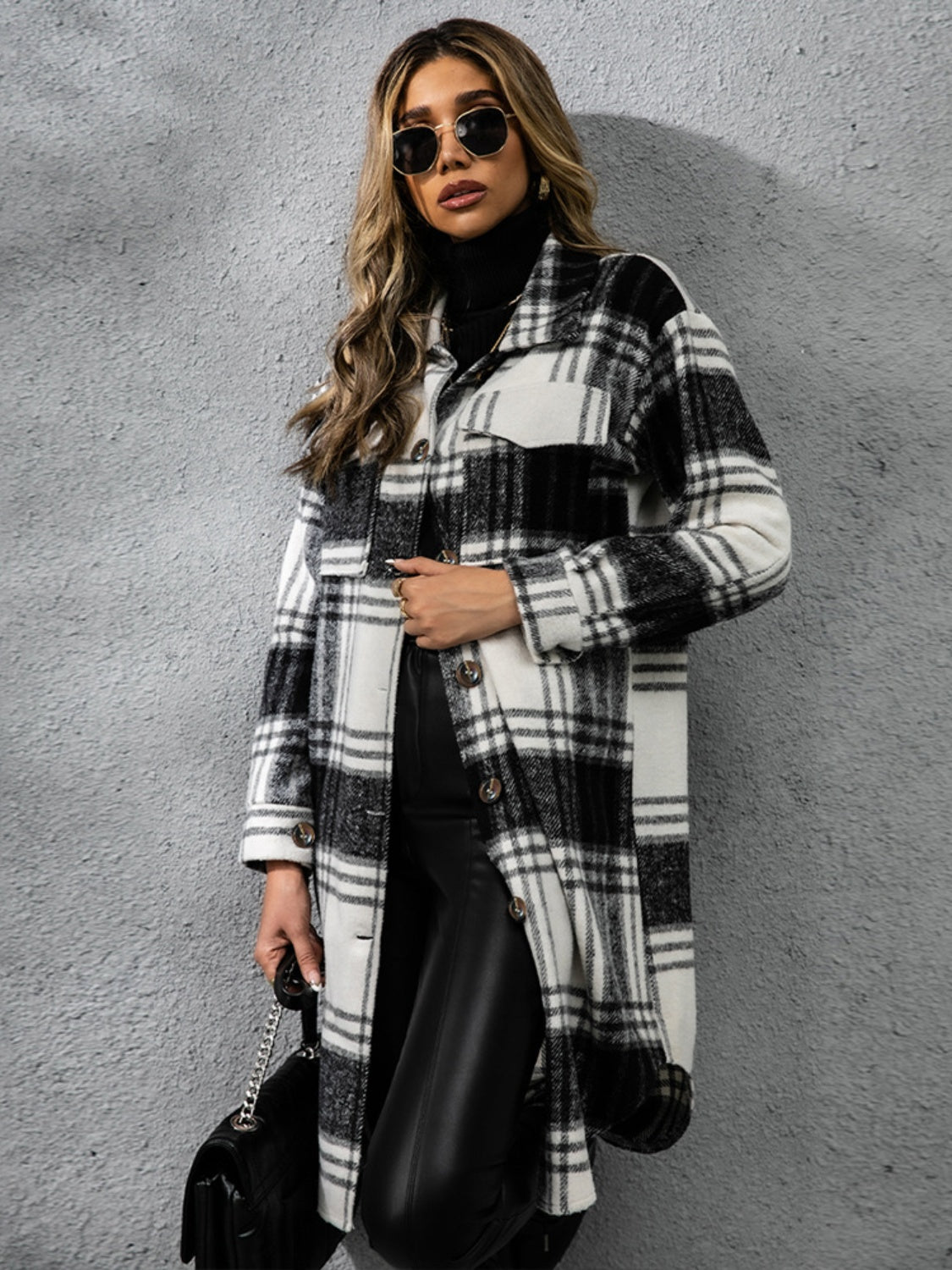 Plaid Collared Neck Long Sleeve Coat Coats & Jackets JT's Designer Fashion