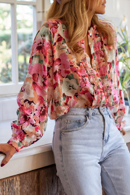 Red Floral Print Ruffled Stitch Buttoned Loose Fit Shirt Blouses & Shirts JT's Designer Fashion