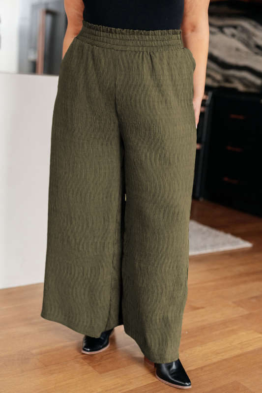 Jungle Green Plus Size Textured Shirred High Waist Casual Pants Jungle Green 95%Polyester+5%Elastane Plus Size Bottoms JT's Designer Fashion