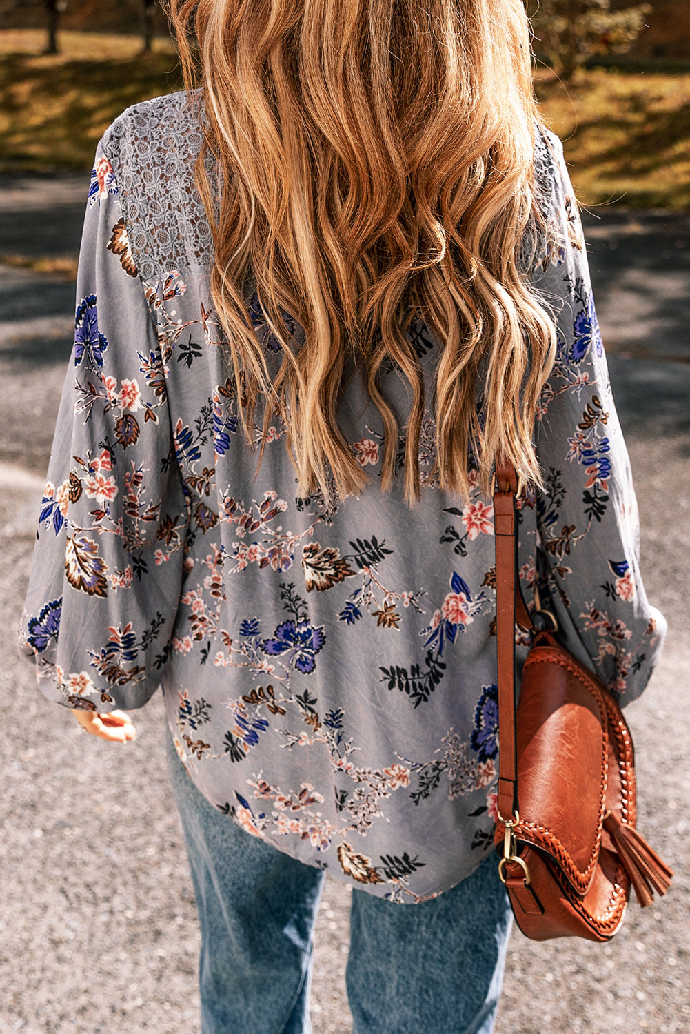 Sky Blue Floral Print Lace Patchwork Knot Front V Neck Blouse Blouses & Shirts JT's Designer Fashion