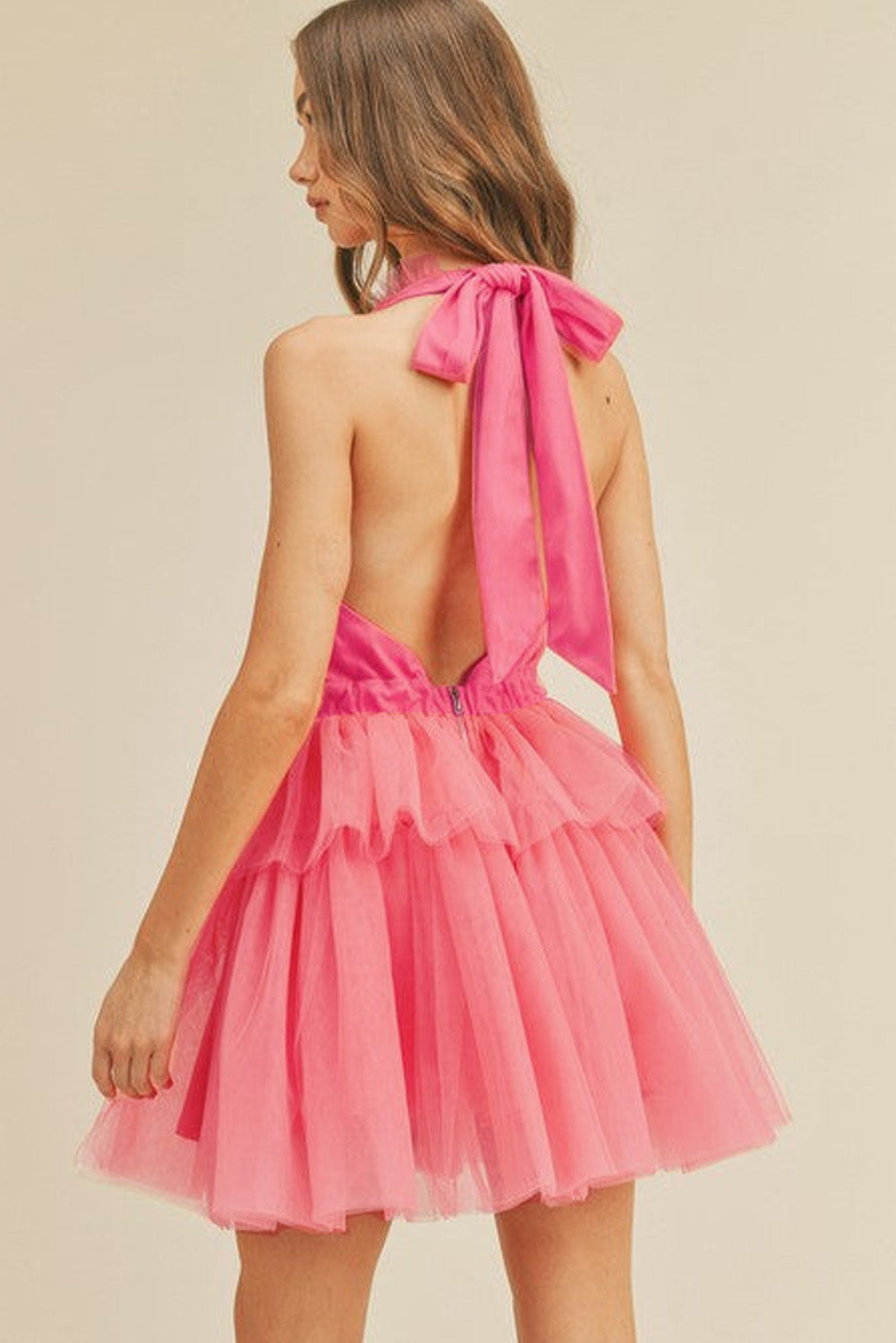 Strawberry Pink Gauze Ruffle Tiered Knotted Halter Dress Dresses JT's Designer Fashion