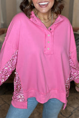 Bonbon Sequin Patchwork High Low Hem Henley Sweatshirt Sweatshirts & Hoodies JT's Designer Fashion