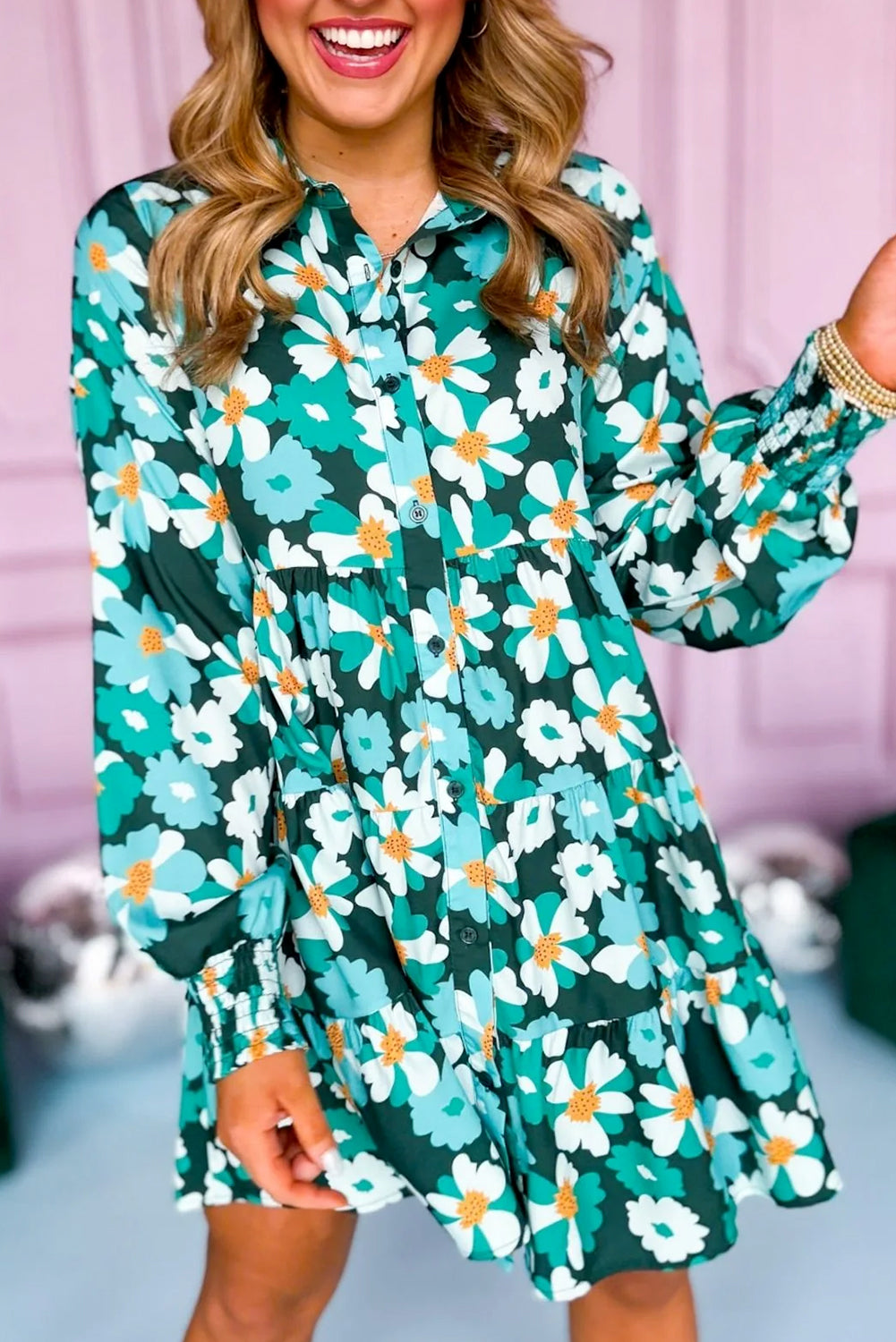 Green Floral Tiered Long Puff Sleeve Shirt Dress Floral Dresses JT's Designer Fashion